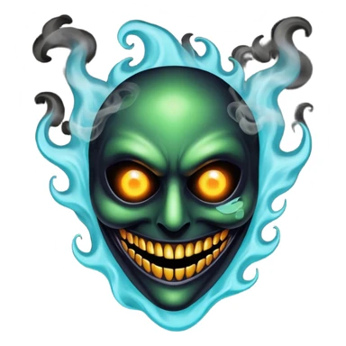 A mischievous entity with a half-melted mask, glowing void eyes, and a smoke-like body, shadow jester sticker