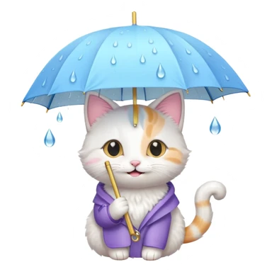 A cute cat holding a pastel umbrella, smiling while raindrops fall softly. sticker
