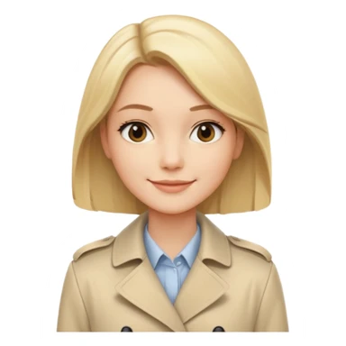 Cewe Kalem Kulit putih halus, rambut blonde panjang lurus rapi, belah samping. Pakai trench beige terang atau cream soff sticker