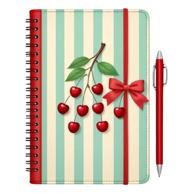 Cute vintage notebook cover, mint and cream vertical stripes, red spine
Hand-drawn cherries with leopard bow, playful feminine aesthetic
Flat illustration, clean composition, soft retro color palette sticker