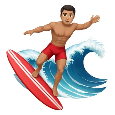 50 year old, muscular, dark haired, tan, red shorts man riding a big wave sticker