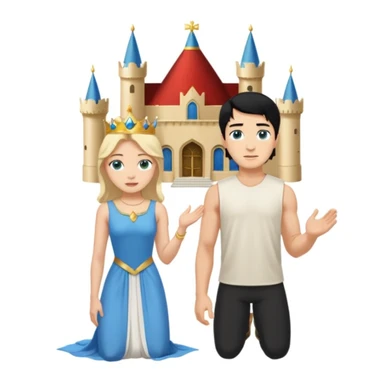 Man as king, standing, black Hair, blue eyes, woman, blonde, green eyes, shott white sleveless Dress, kneeling, background palace sticker