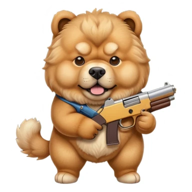 Funny realistic-style chow chow dog with light fur standing on its hind legs and holding a gun menacingly sticker