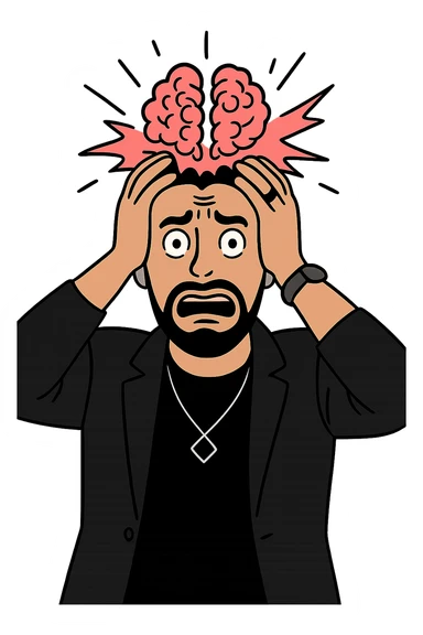 Используя такую стилистику как на картинках сгенерируй героя с фотографии, который в панике держится с голову и будто у него взрывается мозг, прозрачный фон sticker