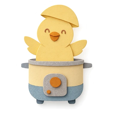 soft yellow egg cooker chick, popping out of the lid, smiling brightly, full-body sticker
