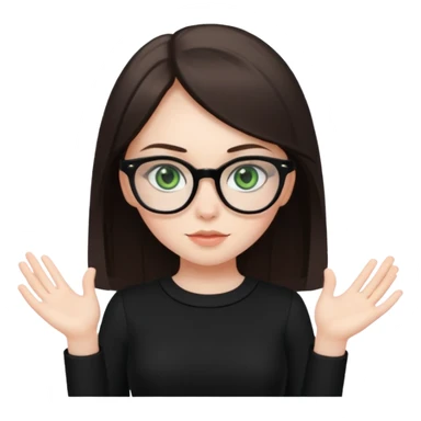 a cute white brunette girl with green eyes in a black dress wearing glasses  with two hands  sticker