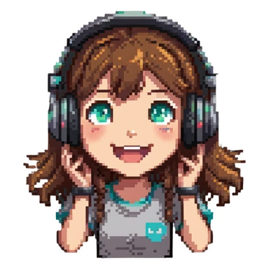 brown-haired gamer girl, excited expression, headphones, head only, emote sticker