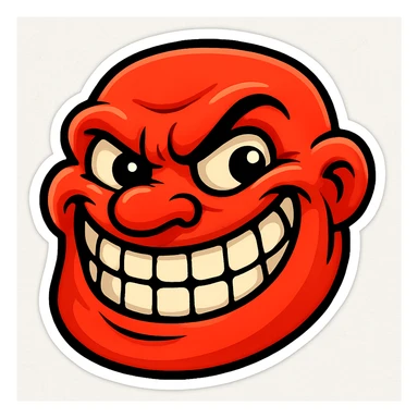 Create a bold, exaggerated troll face with a mischievous grin, vibrant colors, and a playful cartoon style inspired by the provided reference. sticker