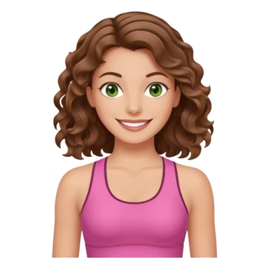 White, green-eyed, brunette cute feminine lady emoji with wavy hair doing pilates wearing pink pilates fit sticker