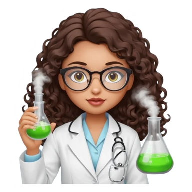 realistic bratz doll with long curly dark brown hair, glasses that are round cat eye vibes, in a lab coat mixing beakers that glow sticker