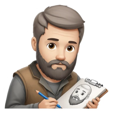 Bearded man  drawing boy character with charcoal in sketchbook sticker