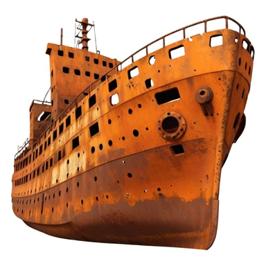 rusted ship wreck, heavily corroded metal hull, orange-brown rust textures, abandoned old ship, weathered surface, dramatic lighting, cinematic atmosphere, 3D cartoon style, mobile game environment art, clean composition, no people, no text, no watermark
 sticker
