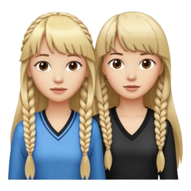 Woman very long flowing blonde hair With BANGS standing next to woman DARK BROWN HAIR with BANGS ONE BRAID on one side.   sticker