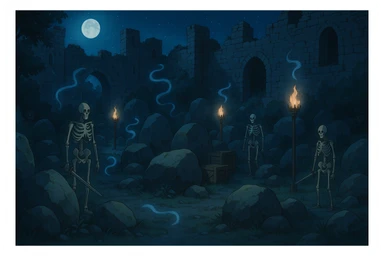 midnight within the ruins of abandoned castle yard, protrude boulders, amid iron torches and crates tucked behind, skeleton warriors, wisps, and wolves linger just in the edge of view behind scenery, very subtly, appearing safe with hidden threat sticker