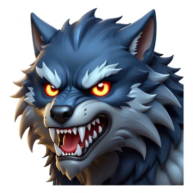 cinematic-noble-fierce-werewolf-head-close-up-emoji, poised-and-imposing, with a fierce wolfish face featuring glowing eyes full of primal ferocity, sharp, elongated fangs and a rugged snout, fur rippling in shades of midnight black and silver, muscles tensed and hunched over in an intense, threatening stance; rendered with realism, capturing the raw, untamed power of the beast beneath the moonlit sky sticker