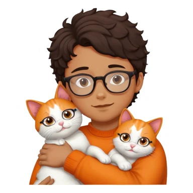 Boy with curl dark hair and glasses hugs white and orange cat sticker