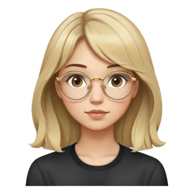 young adult woman with light skin, soft cheeks and round face, voluminous blonde-brown hair with slight waves and long bangs, large octagonal glasses with thin gold frame, dark casual shirt, calm and creative expression sticker
