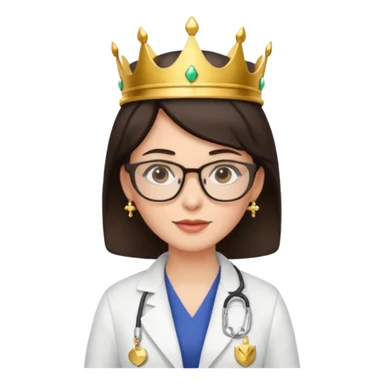 female doctor short dark brown hair with glasses and earings and a crown sticker