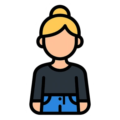 color outline icon of blond woman with bun, long sleeve black shirt, and jeans sticker