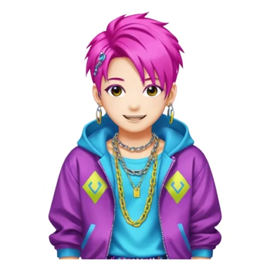  portrait-of-young-monster-idol-in-kpop-style,-wearing-flashy-streetwear-outfit,-colorful-dyed-hair,-confident-pose,-accessorized-with-chains- sticker