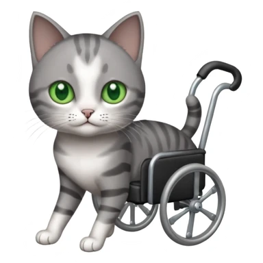 full body small short hair dark grey and white cat with green eyes walking in a wheelchair for cats sticker