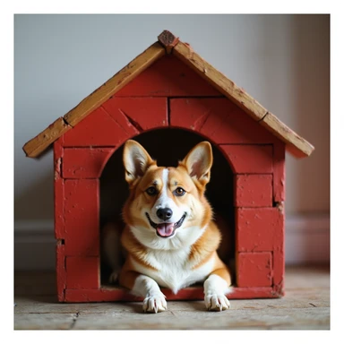 realistic red dog house with a Corgi dog inside, Corgi lying down, photorealistic style sticker
