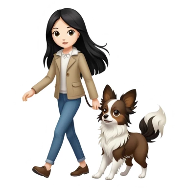 A girl with long black hair walks a brown and white papillon sticker