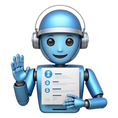 cute recruiter robot emoji, flat, smiling, holding a resume sticker