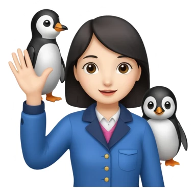 Girl waving hello while holding a penguin sticker
