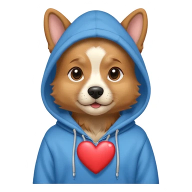 Dog wearing hoodi and she heart sticker