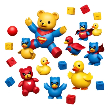 various colorful toys scattered together - teddy bear, rubber duck, toy blocks, ball, and action figures sticker