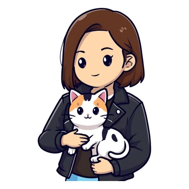 Light-skinned girl with brown straight hair wearing a black jacket, along with one pure white cat and one calico cat sticker