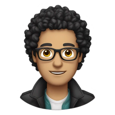 white man with curly black hair, glasses, a jacket and a necklace sticker
