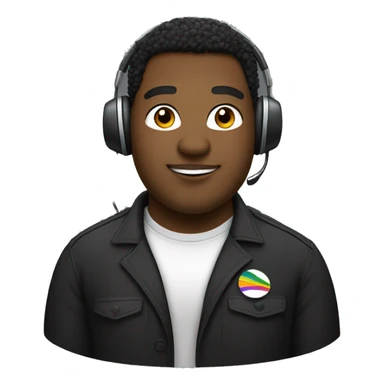 A black gay chubby guy, using a badge with his name who is Gustavo, he uses a telemarketing headphone and a black tshirt  sticker