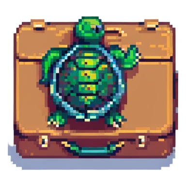 tortue qui part en voyage, style pixel art, avec valise, ambiance aventure sticker