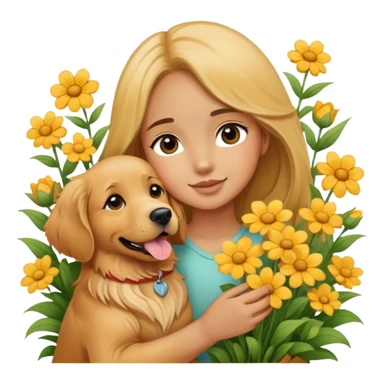 A girl is holding a golden retriever in the flowers sticker