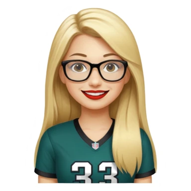 long blonde straight hair, black small glasses, smiling, lipstick, full length eagles football uniform, 33 sticker