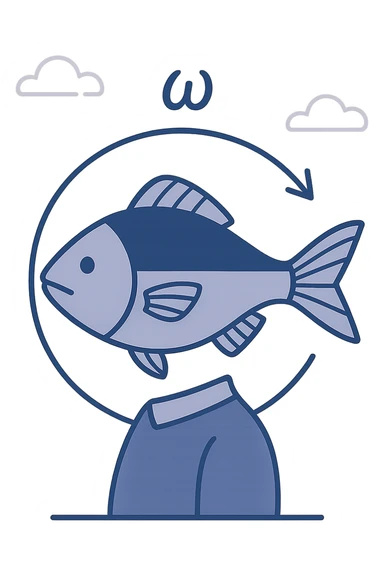 Side view of a fish with transparent circular path traced around it, arrow showing direction of rotation, angular velocity symbol (ω) above, clear educational style sticker