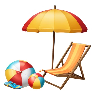 Icon for Beach Tourism: a sandy beach with a sun umbrella, beach ball, and flip-flops, with the ocean waves in the background. The icon should capture the relaxation and fun of a beach vacation. Transparent background sticker