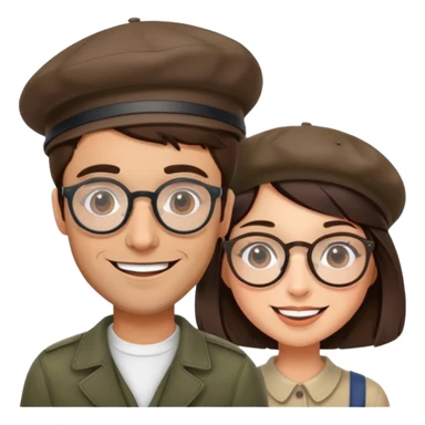 brunette hipster man w wire glasses and brunette girl with bob and a beret sticker