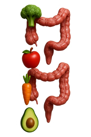 emoji stile iphone in 3d di cibo sano che fluttua in aria vericalmente insieme a pezzi di colon umano anatomico, iperrealistico 4k sticker