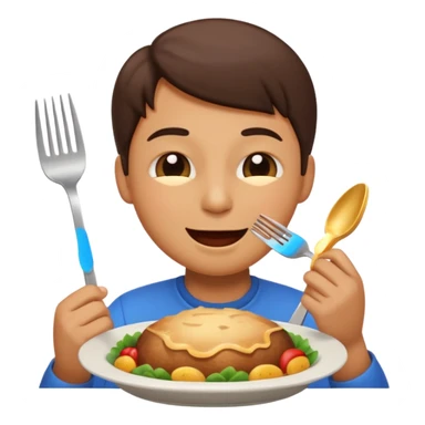 person emoji savoring a meal, eyes closed in delight, holding a fork sticker