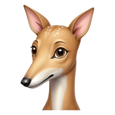 Cinematic Cute Fawn Greyhound Portrait Emoji, Head tilted playfully and inquisitively, featuring a sleek fawn Fur with a gentle sheen, round, sparkling eyes filled with curiosity, Simplified yet irresistibly adorable features, highly detailed, glowing with a warm, friendly glow, high shine, affectionate and nimble, stylized with a touch of whimsy, bright and endearing, soft glowing outline, capturing the essence of a mischievous yet loving racer, so playful it feels like it could sprint out of the screen and into your arms! sticker