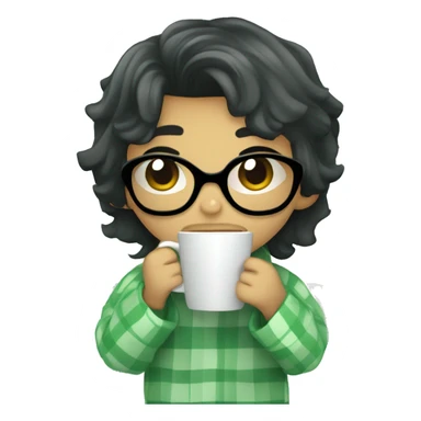 cute black hair boy wrapped in pastel green plaid blanket drinking coffee sticker