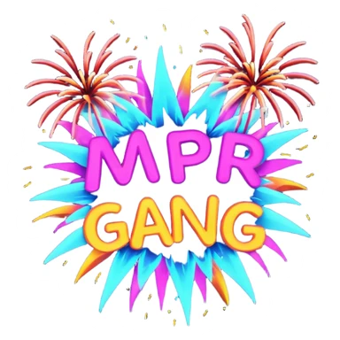 Create a bold, over-the-top emoji-style design featuring the text “MPR Gang” in large, glowing letters surrounded by explosive fireworks, neon colors, and dynamic energy effects. The style should feel celebratory, chaotic, and powerful, like a wild party or epic team victory. sticker