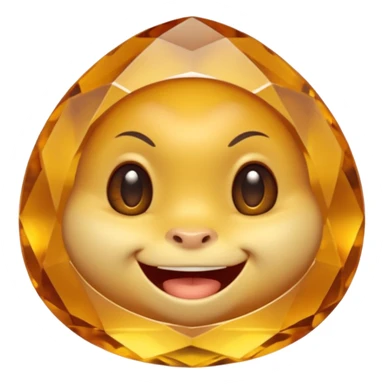 Single gemstone rock character, warm golden citrine, squat and heavy like a rock, with carved facets and tiny surface imperfections, cute round eyes and open smiling mouth, 3D game icon style, plain dark background, no other gems sticker