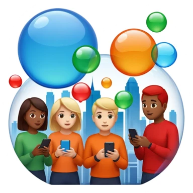 Multiple people inside colorful transparent bubbles, each using a smartphone or laptop. The bubbles are blue, red, orange, and green, with a minimalist cityscape in the background. Realistic emoji style. sticker