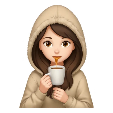 a brunette girl sitting cozily in a beige fur hoodie sipping coffee sticker