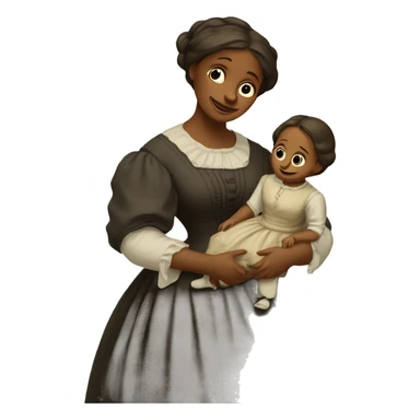 A 19th century woman with a child in her arms. There is a big letter "A" on the dress sticker