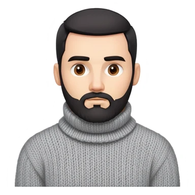 Man with angular square face, neatly trimmed full beard, thick dark eyebrows, short black hair styled back. Serious expression. Wearing a chunky knit light gray sweater with folded turtleneck collar. sticker
